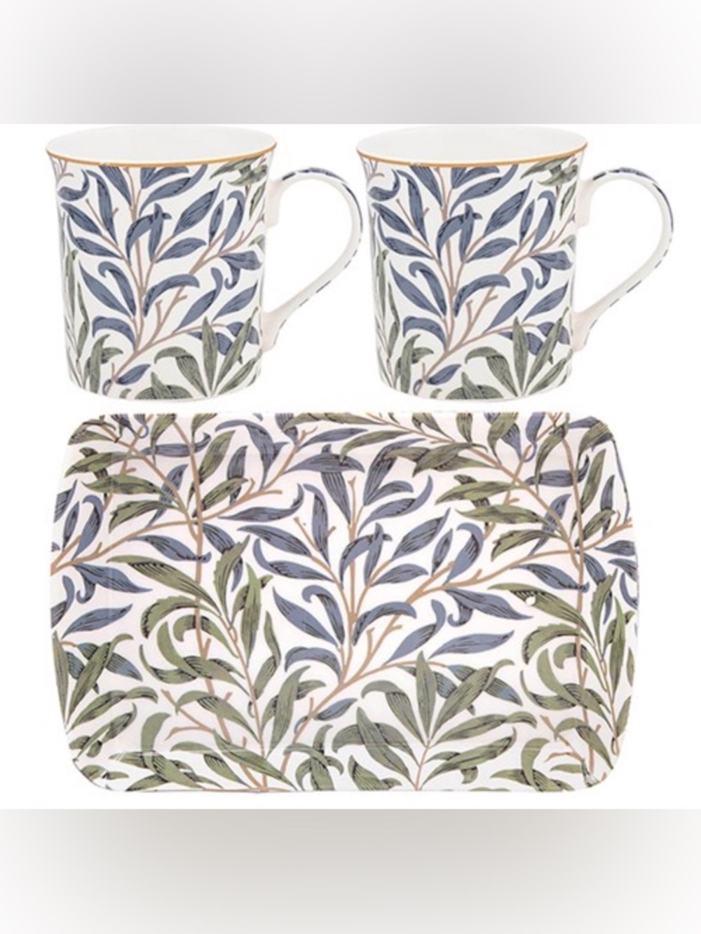 WILLIAM MORRIS NWT 3pc willo bough fine china mugs and tray set